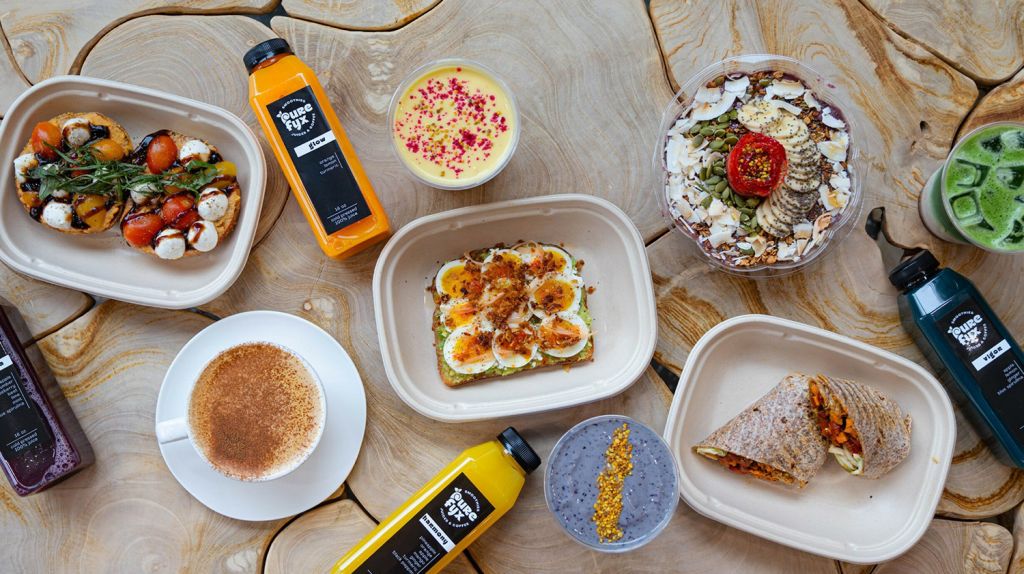 spread of healthy wraps, toasts, and cold press juices from purefyx cleveland