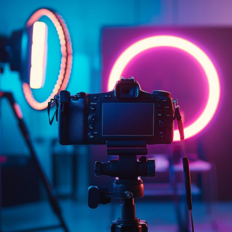 professional camera and dramatic lighting for photo and video shoot at Cleveland venue