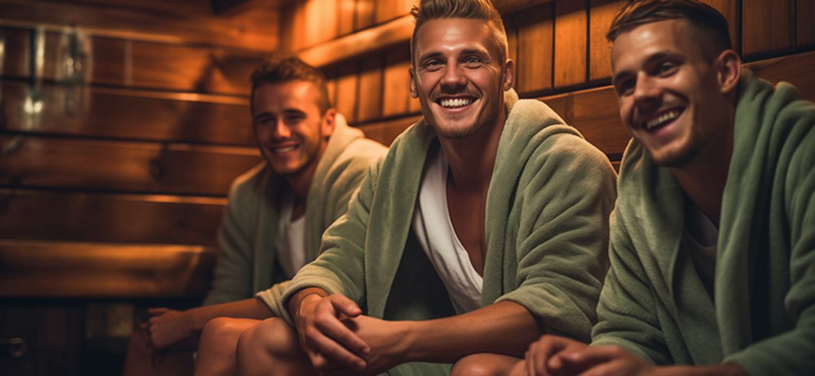 three men in traditional sauna during group event at SoulSpace Cleveland