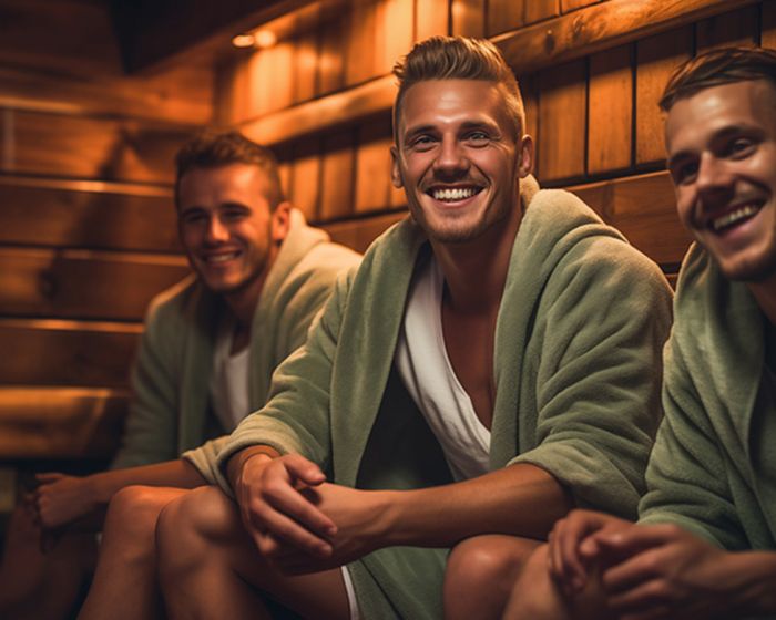 three men in traditional sauna during group event at SoulSpace Cleveland