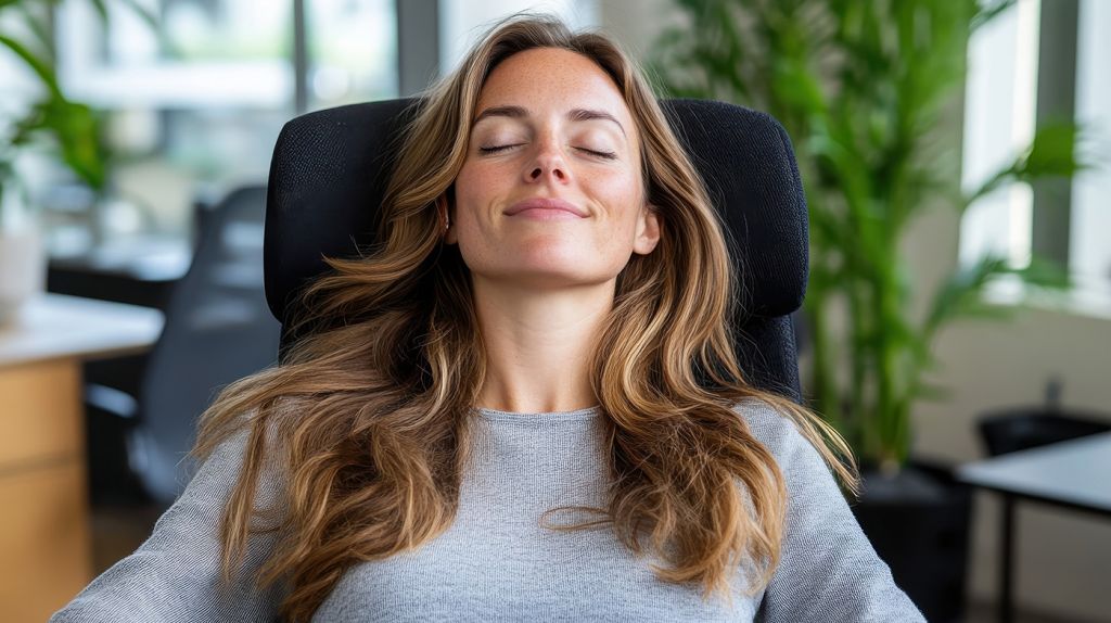 relaxed woman in corporate setting after relaxing session at SoulSpace Cleveland