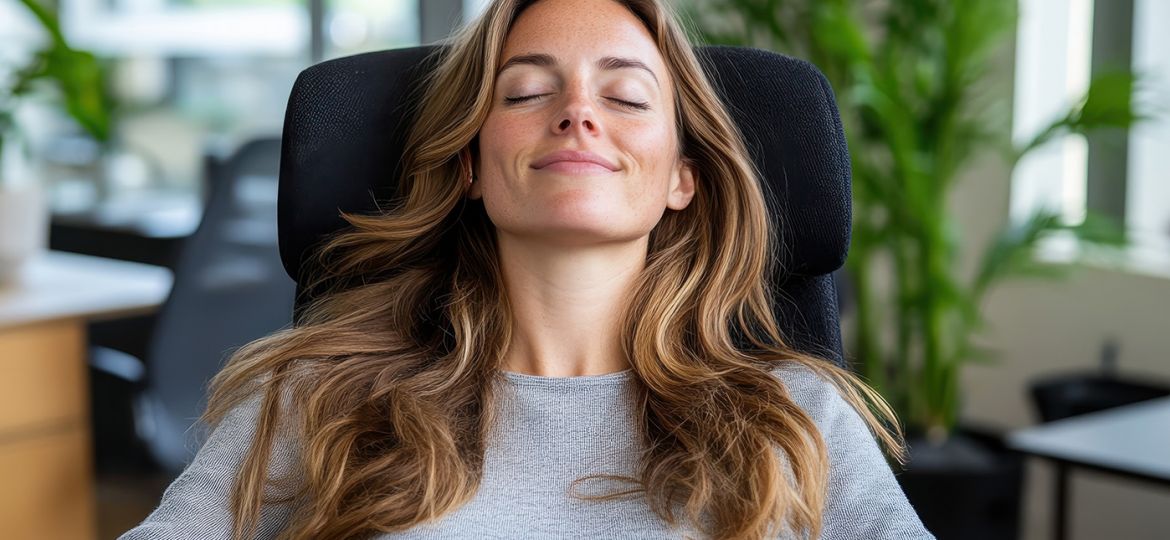 relaxed woman in corporate setting after relaxing session at SoulSpace Cleveland