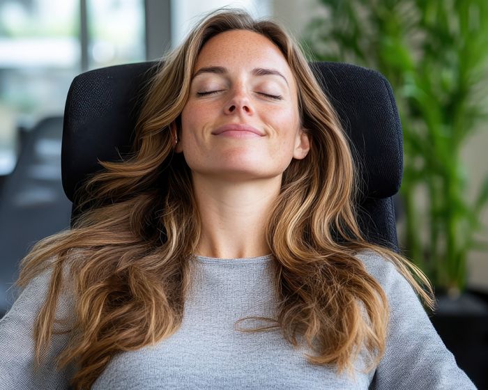 relaxed woman in corporate setting after relaxing session at SoulSpace Cleveland