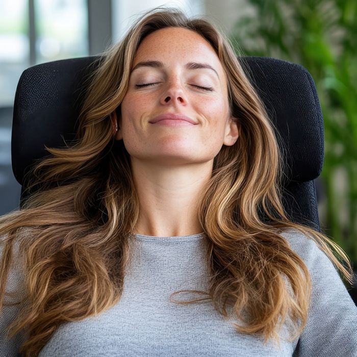 relaxed woman in corporate setting after relaxing session at SoulSpace Cleveland