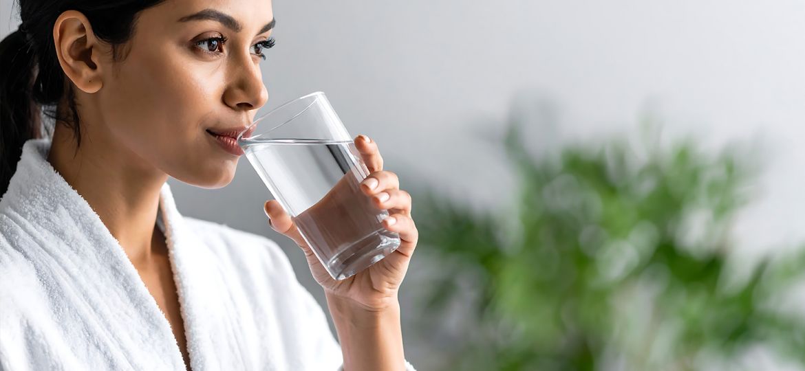 woman hydrating after sauna