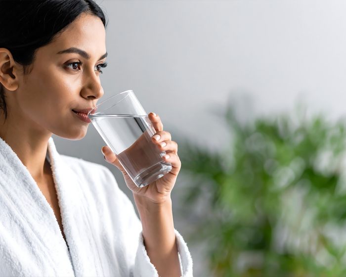 woman hydrating after sauna