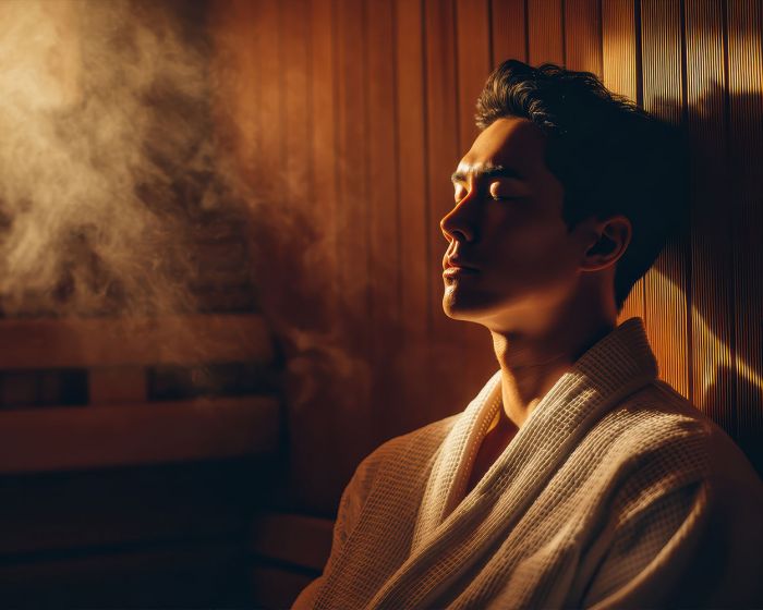 man relaxing in sauna