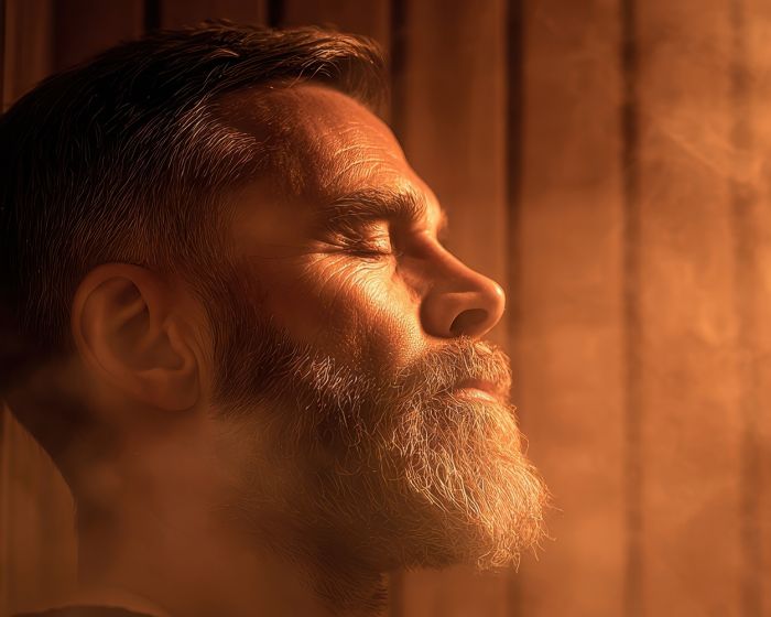 man relaxing in traditional sauna