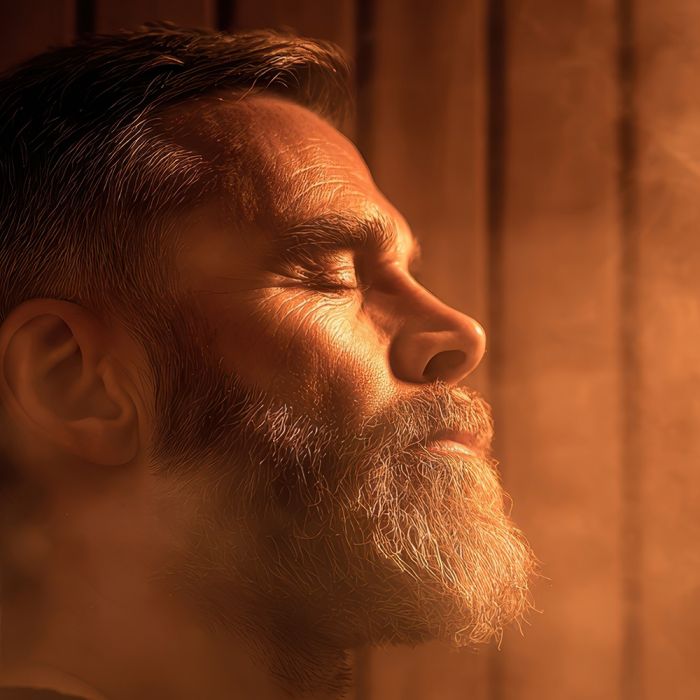 man relaxing in traditional sauna