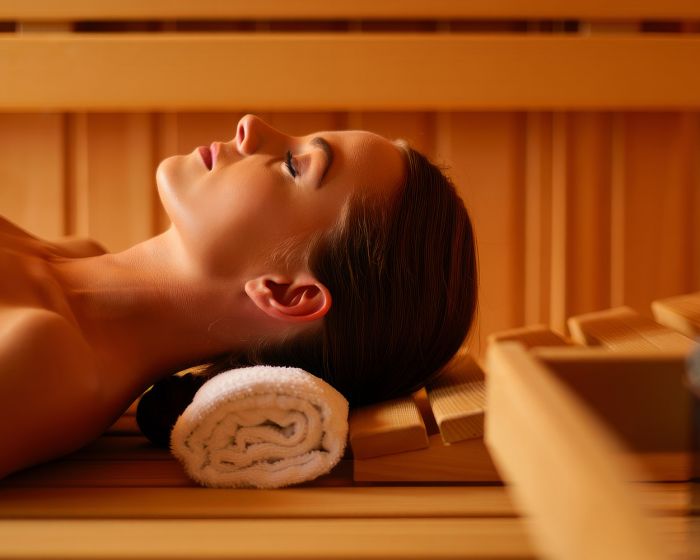 woman relaxing in traditional sauna
