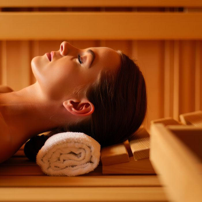 woman relaxing in traditional sauna