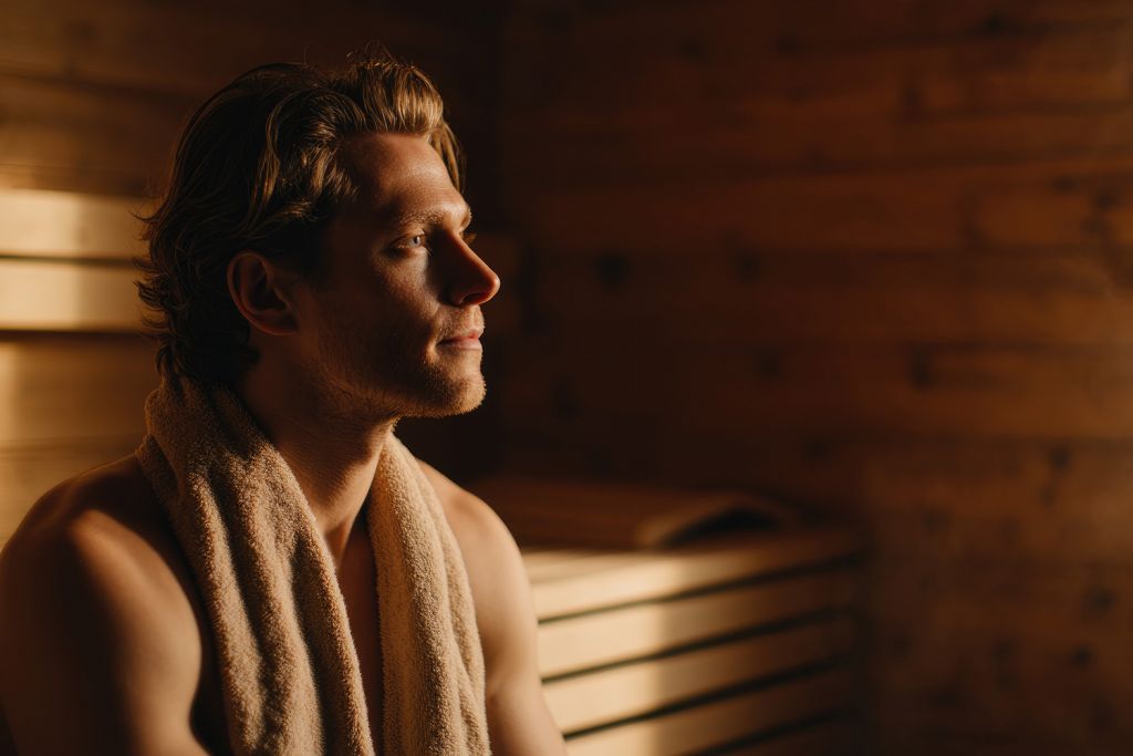 man in traditional sauna with towel