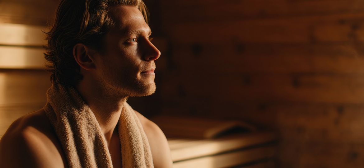 man in traditional sauna with towel