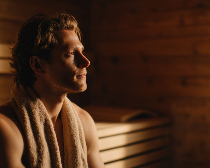 man in traditional sauna with towel